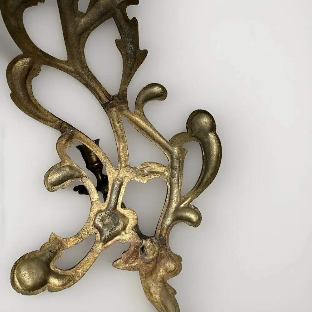 Elegant Vintage Solid Brass Floral Wall Sconce Double Candle Holder Rococo 13”